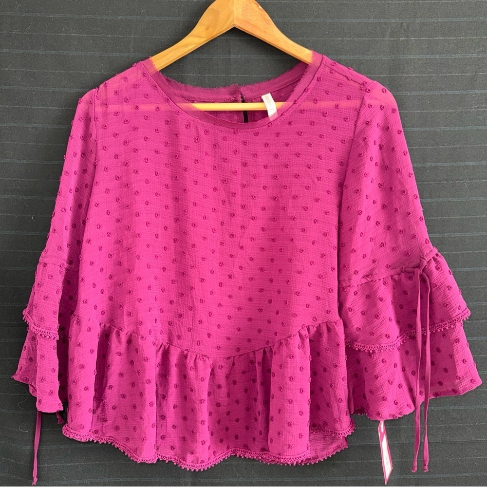 Xhilaration Purple Sheer Dot Peplum Cropped Shirt L Ruffle 3/4 Sleeve NWT